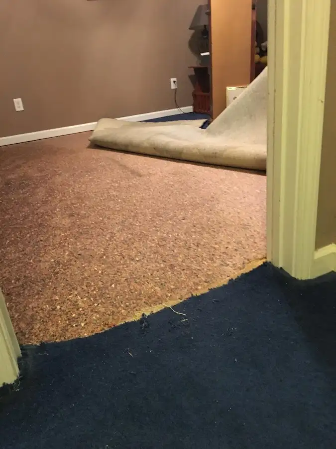 Carpet pad removal revealing water damage during Water Mitigation Services in Ephraim